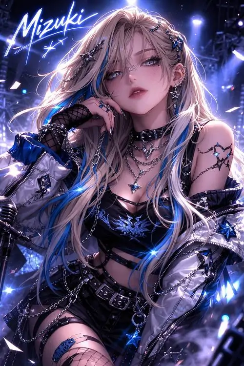 6 Cô nàng hoạt họa tóc sáng tro nghiêng người trong lớp sáng xanh tím, quần áo bó sát và chi tiết kim loại gợi anime cyberpunk, gương mặt lạnh cùng nhịp sáng tối dày khiến bức hình trông rất cuốn và có lực