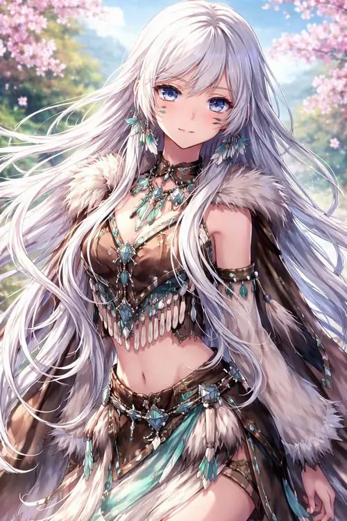 7 Ảnh nền đt anime thiếu nữ tóc bạc dài xuất hiện giữa vườn hoa sáng mờ, bộ đồ hở vai đính đá và bảng màu óng bạc làm nhân vật nổi bật, tổng thể gợi chất tiên nữ nhưng vẫn giữ nét kiêu và đầy cuốn hút