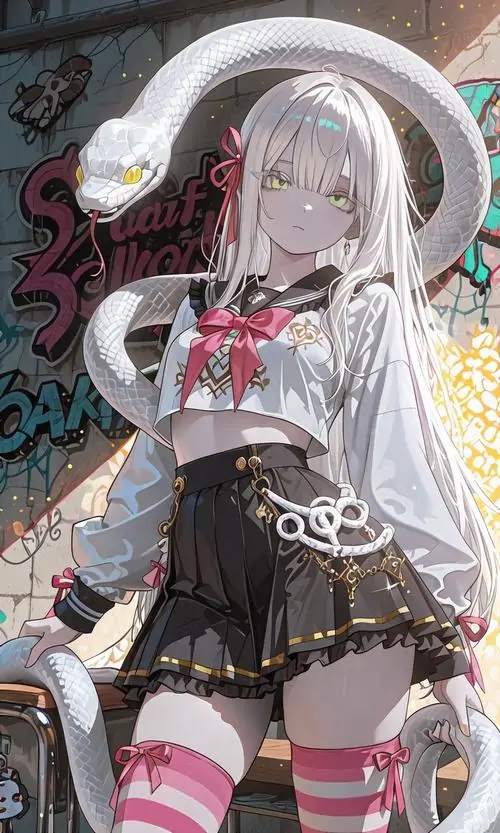 8 Nhân vật nữ tóc trắng mặc đồ đen xám với khăn choàng sáng, ngồi lệch trên ghế giữa lớp nền xám u tối, phụ kiện trên đầu tạo điểm nhấn lạ mắt còn biểu cảm lặng im mang cảm giác bí ẩn và hơi xa cách