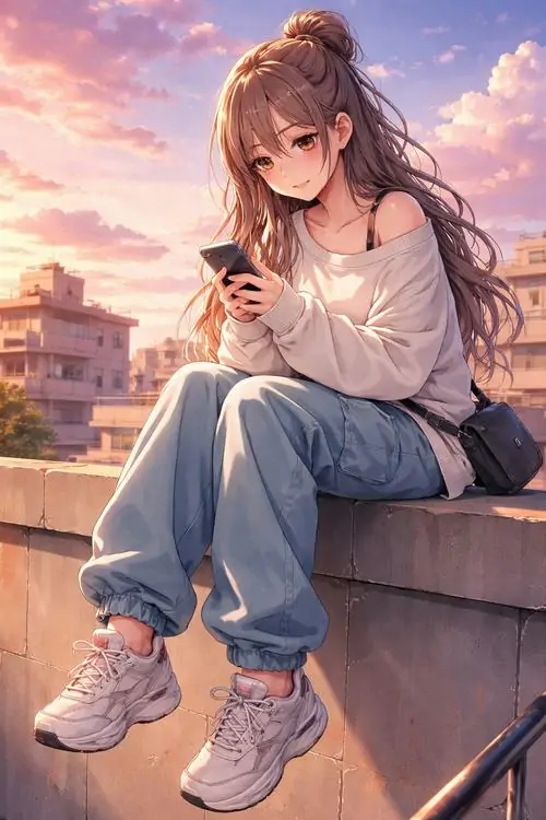 90 Nàng hoạt họa ngồi trên ghế giữa tầng lá cam, áo blazer chỉnh tề và mái tóc bay nhẹ tạo cảm giác trưởng thành hơn, gương mặt bình thản không cười nhiều nhưng vẫn nổi bật, như một nữ sinh anime mang khí chất trầm và cá tính