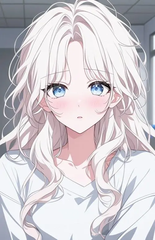 9 Khung hình anime cận mặt cô gái tóc trắng với mắt xanh long lanh, áo len trắng mềm và nền xám nhẹ giúp mọi chi tiết trở nên trong veo, gợi cảm giác dịu dàng, dễ mến và rất hợp kiểu tóc trắng mắt xanh