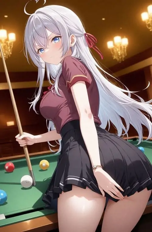 10 Nhân vật nữ tóc bạc đứng cạnh bàn bi da dưới ánh đèn vàng, váy đen ôm dáng và mái tóc đổ dài sau lưng tạo nên hình anime girl tóc trắng vừa ngầu vừa sang, có chút kiêu sa rất bắt mắt