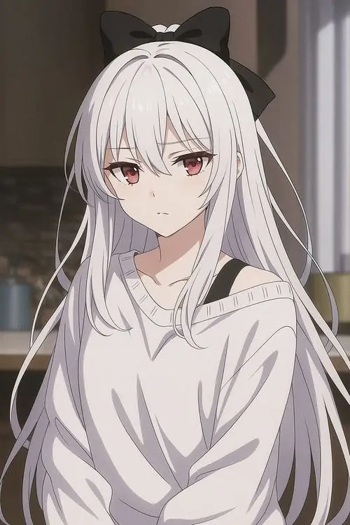 11 Ảnh đại diện hoạt hình nữ tóc trắng đội băng tai mèo đen, mặc áo hoodie rộng và ngồi yên trong phòng với vẻ mặt hơi phụng phịu, trông cute, ấm áp và khá hợp phong cách ảnh anime nữ tóc trắng học đường