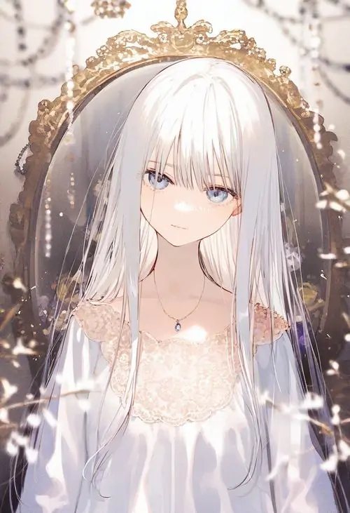 12 Cô gái anime tóc bạc trong váy trắng lấp lánh đứng dưới khung gương viền vàng, mái tóc rủ mềm và ánh sáng phủ quanh làm khung hình đẹp như cổ tích, đậm cảm giác tinh khiết pha chút siêu thực