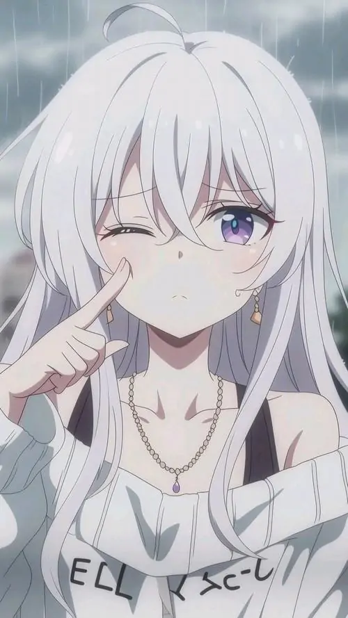 13 Hình anime nữ tóc trắng mặc áo thun sáng màu, nghiêng đầu làm dấu tay chữ V và nhìn máy ảnh bằng ánh mắt tinh nghịch, tạo nên một ảnh anime nữ tóc bạc cực dễ thương, trẻ trung và đầy năng lượng