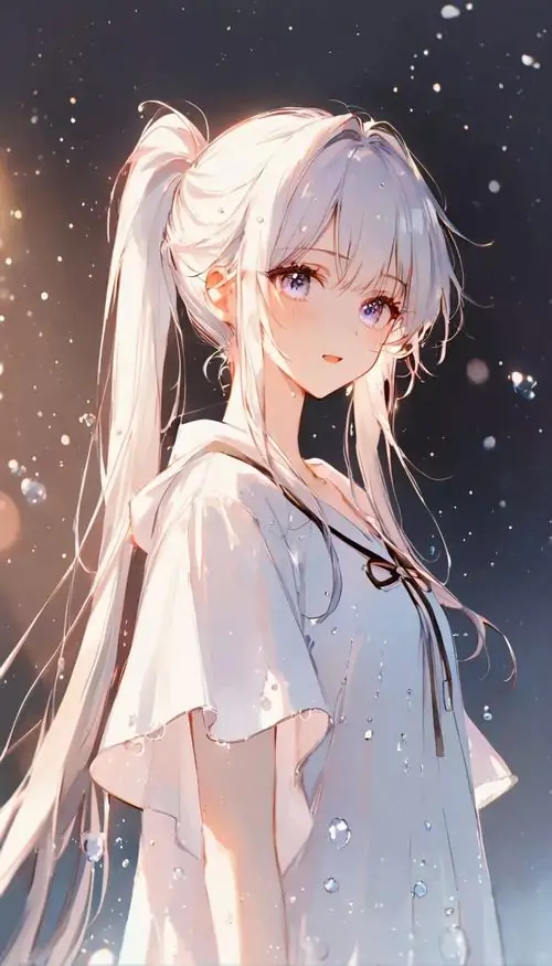 14 Cô nàng hoạt hình tóc bạc buộc tóc cao đứng giữa nền trời đêm đầy sao, váy trắng nhẹ và gương mặt dịu hiền khiến bức hình đẹp theo kiểu mong manh, lặng lẽ, rất hợp với cảm giác nội tâm sâu