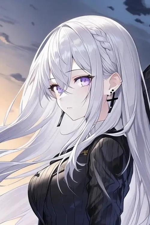 16 Cô gái tóc bạc mặc đồ đen ôm dáng, đứng nghiêng giữa bầu trời chạng vạng với gió lùa qua mái tóc tạo cảm giác sang trọng kiểu lạnh, vừa đẹp sắc sảo vừa có chút xa xăm rất riêng