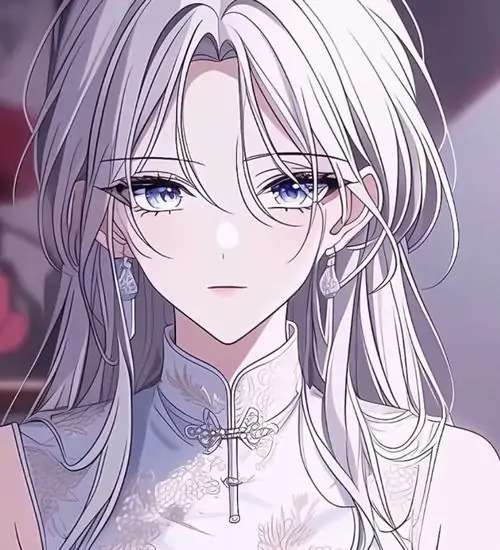 17 Nền máy với cô nàng anime tóc trắng cận mặt trong bộ trang phục cổ cao màu sáng, ánh mắt mơ hồ và làn tóc phủ mềm quanh vai khiến ảnh hoạt hình nữ tóc bạc mang nét huyền ảo, sâu và rất cuốn