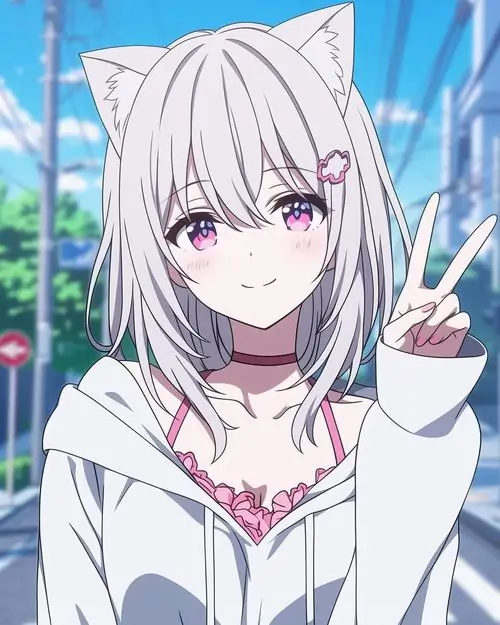 18 Cô gái anime tóc bạc đội hoodie tai mèo màu sáng, giơ tay chữ V giữa nền phố xanh trong trẻo, biểu cảm tươi và xinh làm bức hình vừa đáng yêu vừa hợp gu người thích ảnh anime nữ phong cách fantasy nhẹ nhàng