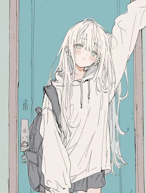 19 Chân dung anime cô nàng tóc trắng vẽ theo nét phác mềm, mặc áo rộng và vươn tay lên cao như vừa thức dậy, tạo cảm giác dễ thương, tự nhiên và rất hợp kiểu hình nữ anime tóc sáng bạc tối giản