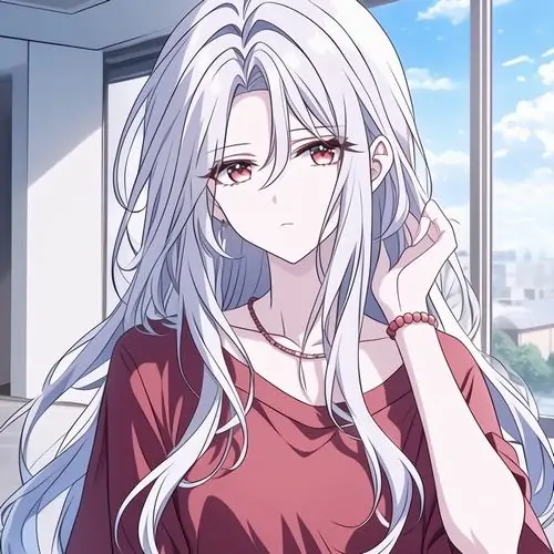 20 Cô gái hoạt hình tóc trắng mặc áo đỏ đứng cạnh cửa sổ ngập nắng, tóc dài buông mềm và ánh nhìn bình thản khiến bức ảnh anime nữ tóc trắng này trông đẹp, êm và có một chút cô độc rất nhẹ