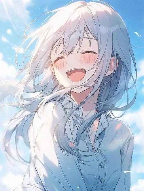 25 Nhân vật nữ tóc trắng mặc áo xanh dáng ngắn, đứng giữa nền trơn sáng và để tóc bay tự nhiên, tổng thể gọn gàng nhưng vẫn nổi bật, đúng kiểu ảnh anime nữ phong cách học đường pha chút mạnh mẽ