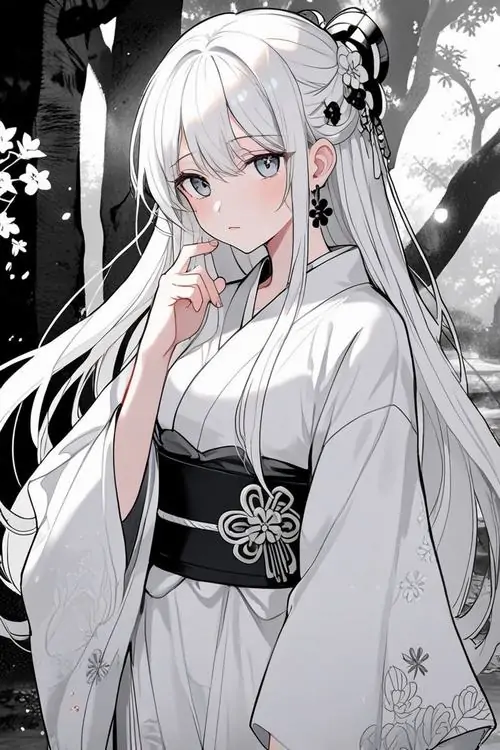 2 Cô gái hoạt hình tóc trắng đứng nghiêng trong bộ đồ đen trắng thanh lịch, tay chạm nhẹ lên môi và mắt xám sâu tạo cảm giác dịu dàng nhưng vẫn có chút băng giá, rất hợp làm hình anime con gái tóc trắng