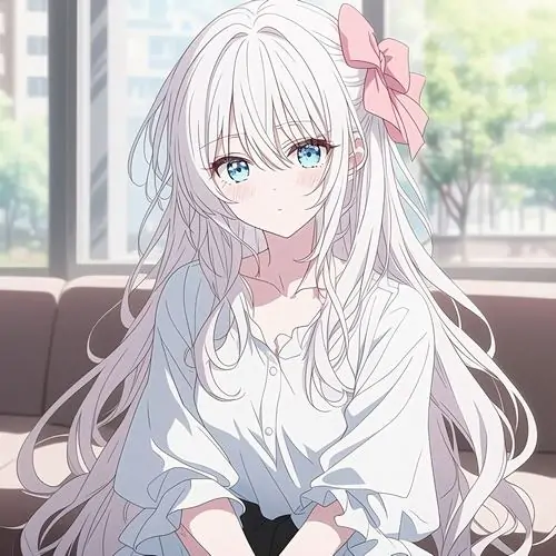 29 Nền máy anime nữ tóc bạc cận mặt trong bộ áo cổ cao, đường nét mềm nhưng mắt nhìn thẳng khá sắc làm tổng thể vừa thanh vừa cuốn, phù hợp với người thích hình anime con gái tóc trắng có cá tính