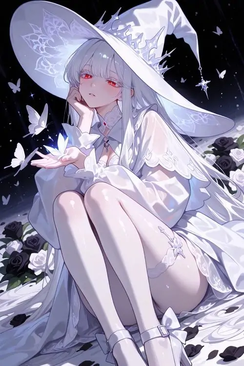 3 Hình nền anime girl tóc trắng ngồi nép mình dưới chiếc mũ rộng màu tím, đôi chân thon khép nhẹ và ánh sao lấp lánh quanh váy làm tổng thể đẹp mơ màng, gợi một hào quang bí ẩn rất cuốn