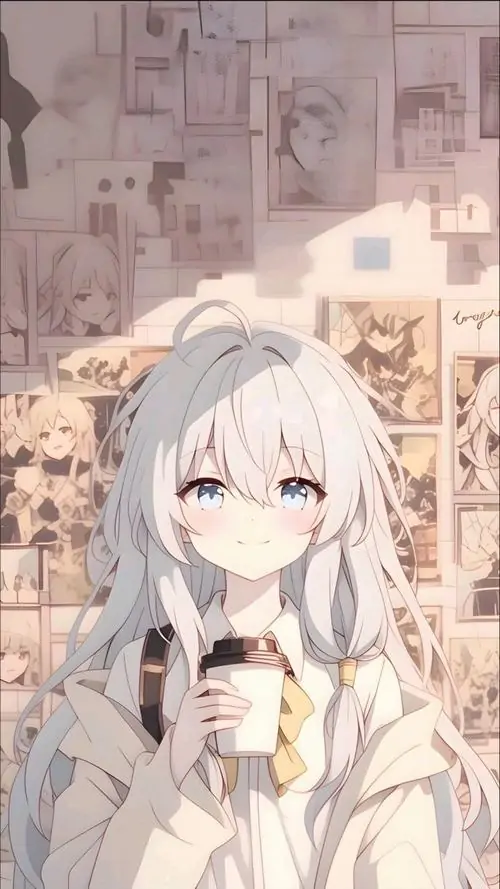 4 Khung ảnh phong cách anime ghi lại cô nàng tóc sáng bạc ôm cốc nước giữa căn phòng ấm màu kem, nụ cười nhỏ và má hồng xinh xắn đem đến cảm giác dễ thương, gần gũi, đúng chất ảnh hoạt hình nữ tóc bạc