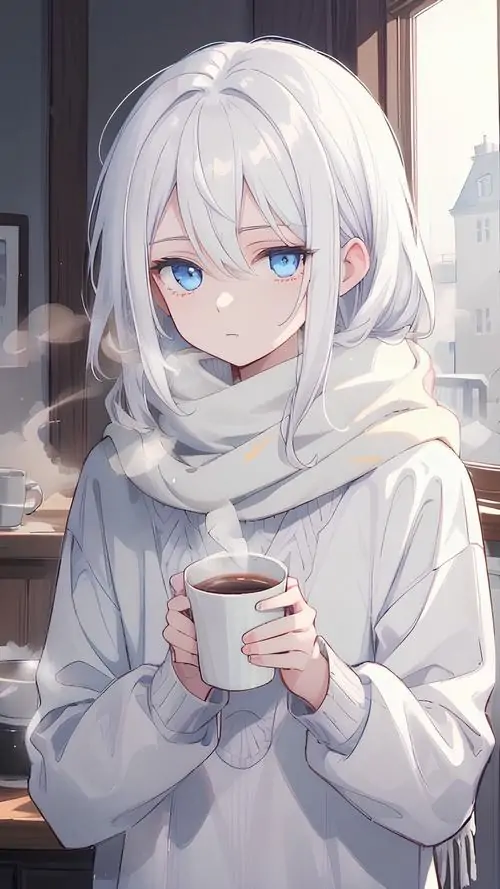 5 Avatar anime nữ tóc trắng quàng khăn xám, hai tay ôm ly nóng và nhìn thẳng bằng đôi mắt xanh trong khiến khung hình sáng màu, ngọt ngào mà vẫn nổi bật, rất hợp người mê vẻ đẹp tinh khôi