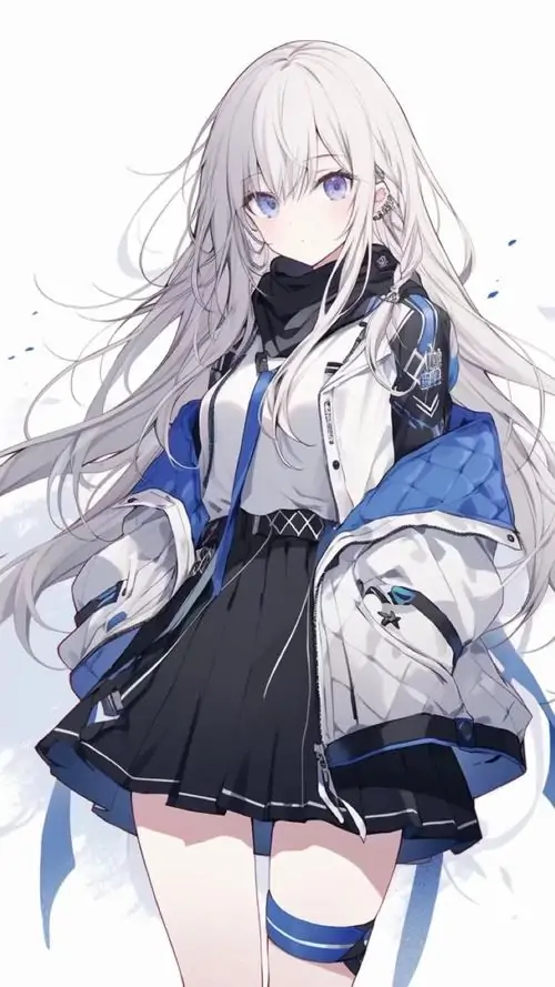 6 Cô gái anime tóc bạc trong áo khoác xanh đứng trên nền trắng tối giản, mái tóc dài bay nhẹ và dáng đứng thẳng tạo cảm giác thanh thoát, có chút thần thái quyền lực nhưng vẫn giữ nét đẹp mềm mại rất cuốn