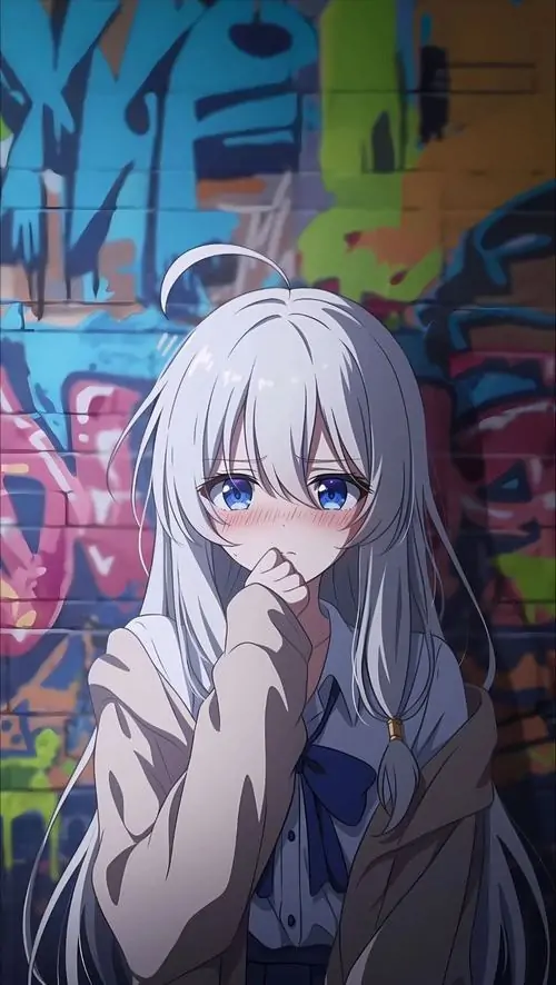 7 Tranh hoạt hình nữ tóc trắng nép bên bức tường graffiti rực màu, tay che môi đầy tinh nghịch và ánh mắt tím sáng làm bức hình vừa playful vừa đáng yêu, hợp gu ảnh anime nữ lạnh lùng mà không hề xa cách