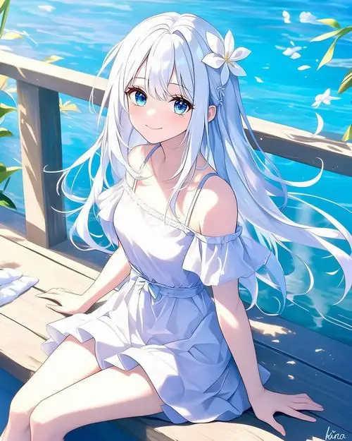 8 Cô nàng tóc bạc ngồi bên biển xanh với bông hoa trắng cài tóc, váy mỏng bay trong nắng và nụ cười ngọt khiến ảnh đại diện nữ tóc trắng này trông thật đẹp, tươi và đậm chất thoát tục