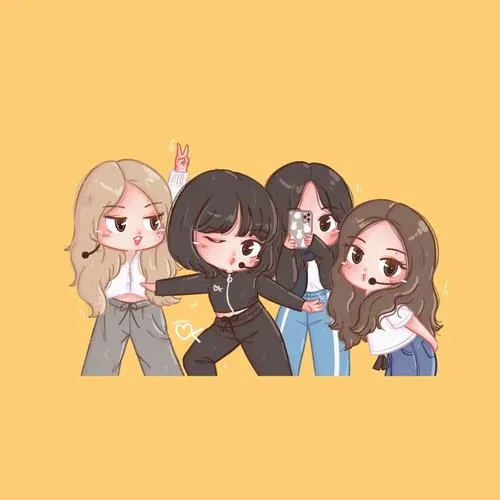 2 Hình Blackpink chibi dễ thương trên nền vàng ghi lại khoảnh khắc OT4 ôm nhau vui nhộn và năng lượng