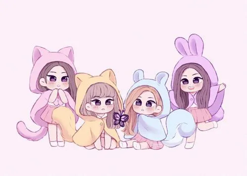 4 Fanart Blackpink đầu to thân nhỏ cho thấy bốn thành viên ngồi sát nhau trong đồ thú cưng đáng yêu