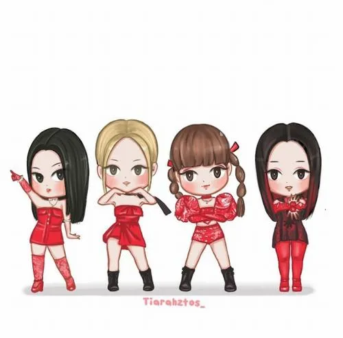 8 Hình Blackpink chibi dễ thương tái hiện bốn thành viên trong váy đỏ với dáng đứng tự tin nổi bật