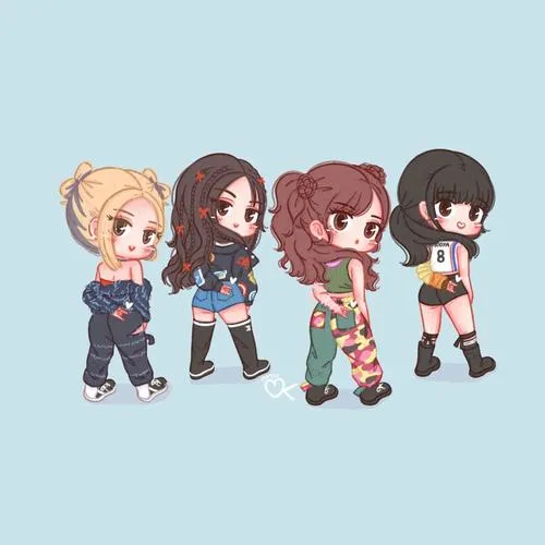 10 Fanart Blackpink đáng yêu thấy bốn thành viên đứng rời nhau trong trang phục nổi bật trên nền xanh dịu