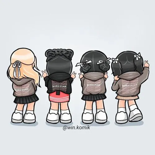 21 Tranh Blackpink chibi ghi lại bốn thành viên từ phía sau với balo nhỏ tạo nét đời thường dễ mến
