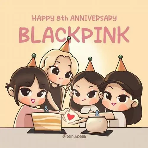22 Ảnh hoạt hình Blackpink đáng yêu mừng kỷ niệm với bánh kem mũ tiệc làm bốn thành viên rộn ràng