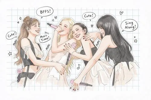 24 Tranh Blackpink chibi theo nét phác mềm cho thấy bốn cô gái quây quần bên nhau rất dịu dàng