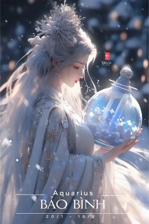 108 Ảnh Cung Bảo Bình Nữ Anime Chibi Ngầu với mái tóc xanh và biểu cảm sắc sảo tinh tế