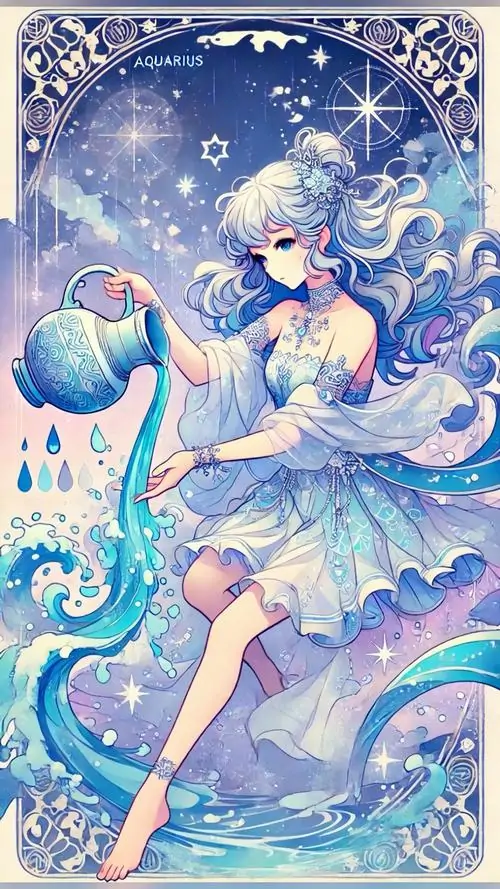 1 Ảnh cung Bảo Bình nữ anime ngầu với mái tóc nổi bật bay nhẹ giữa nền xanh sâu tạo cảm giác lạnh mà vẫn cuốn hút