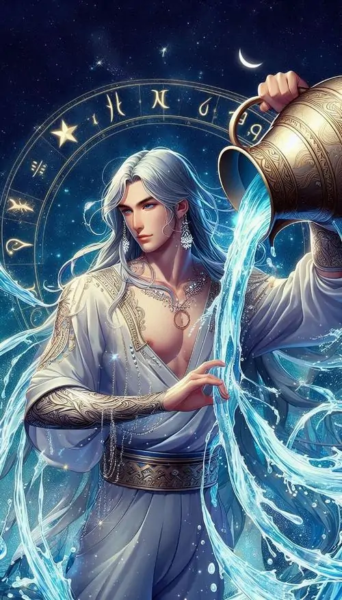 2 Ảnh Bảo Bình nam anime cá tính đặt cạnh bình nước phát sáng tạo nên bố cục hài hòa và giữ được chất riêng rất rõ