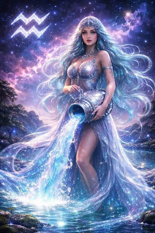 6 Hình nữ Bảo Bình anime trong khung cảnh hồ nước sao trời tạo cảm giác dịu mắt và hợp với người mê hình hoàng đạo