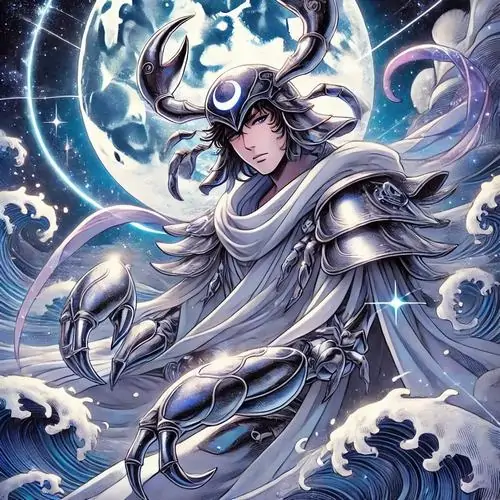 2 Ảnh chibi cung Cự Giải nữ có ánh trăng xanh phía sau, mái tóc mềm ôm mặt tạo cảm giác dịu hiền và nhẹ nhàng