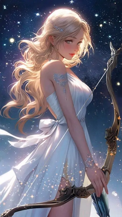 5 Ảnh chibi Sagittarius nữ ngồi trên mũi tên lớn, biểu cảm vui tươi và dáng nhỏ nhắn khiến khung hình rất sinh động