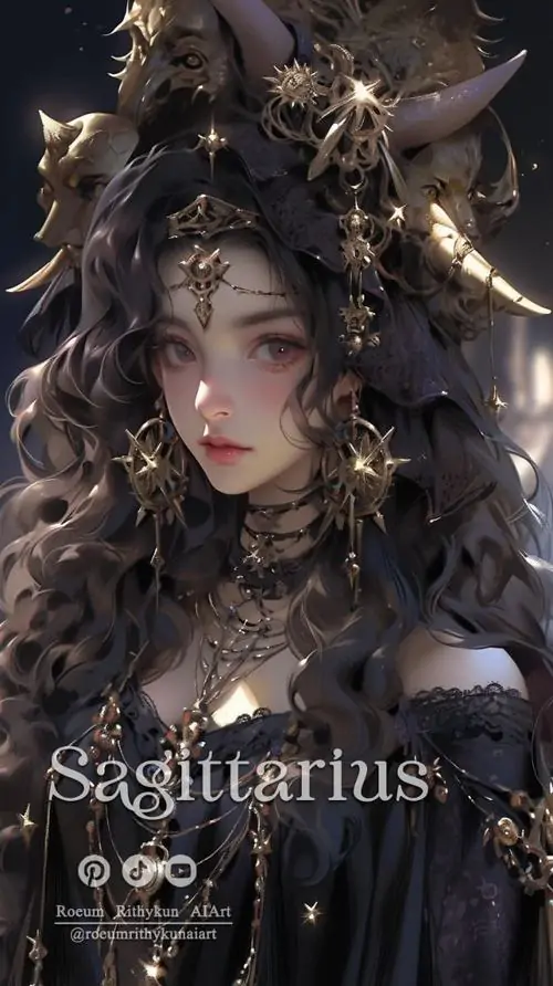 13 Hình anime Nhân Mã nữ tựa vào mũi tên bạc, biểu cảm dịu dàng và mái tóc bồng nhẹ khiến ảnh mềm hơn