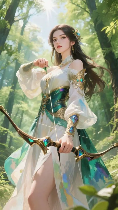 14 Khung anime Cung Thủ nữ với mái tóc dài uốn nhẹ, ánh sao xoay quanh giúp tổng thể vừa mơ mộng vừa nổi bật