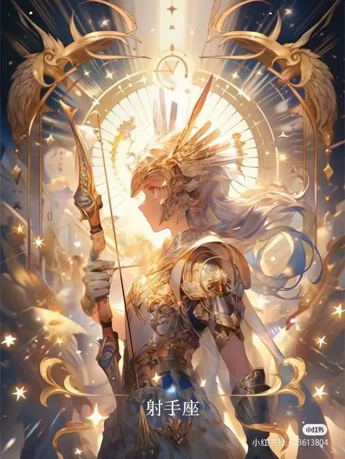 16 Hình anime Nhân Mã nữ quay lưng nửa người, cây cung mảnh và nền sao vàng làm bật nét vẽ ngộ nghĩnh