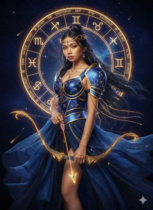 17 Ảnh chibi cô gái Cung Thủ cười nghiêng đầu, cung tên đặt cạnh vai và nền xanh đêm làm hình rất hài hòa