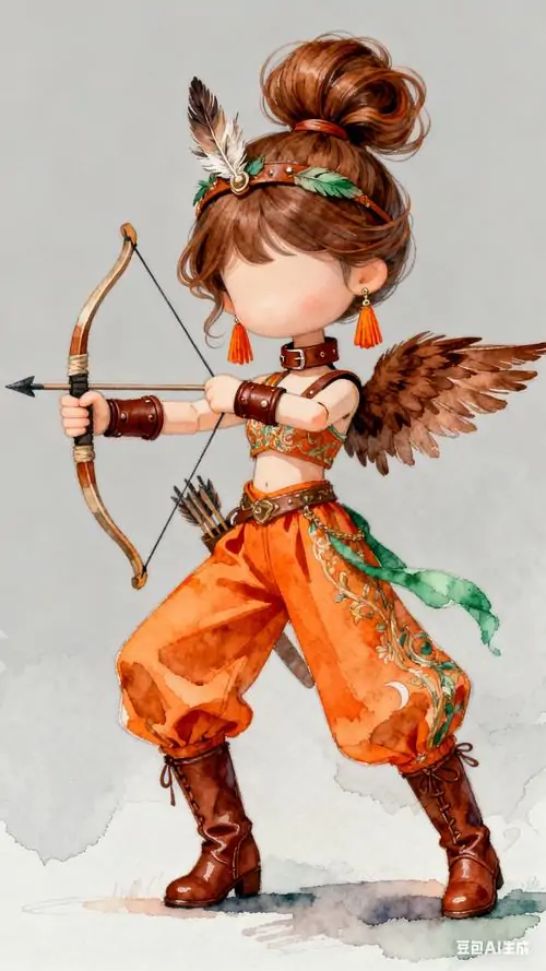 19 Ảnh chibi Sagittarius nữ ngồi xoay nửa người, đôi mắt to tròn và tóc bay nhẹ làm khung hình rất có hồn