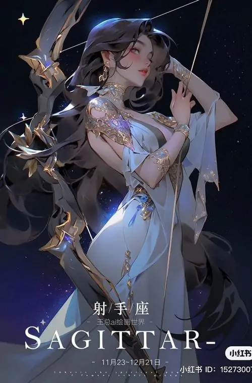 23 Ảnh chibi Xạ Thủ nữ nhìn lên trời sao, sắc vàng nhạt và gương mặt bầu bĩnh tạo cảm giác rất vui mắt