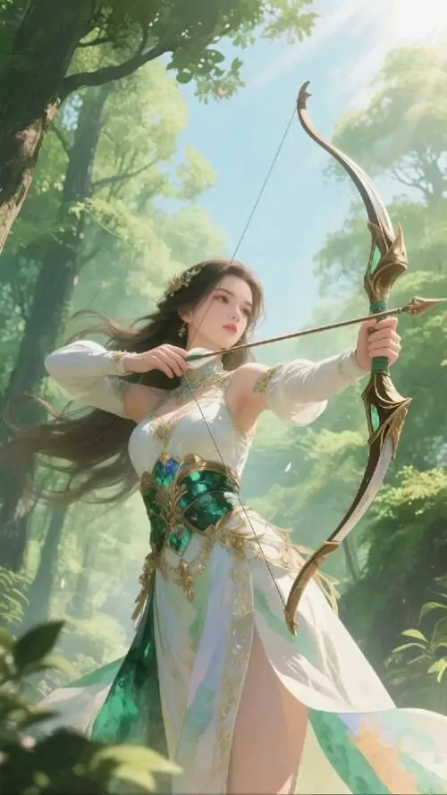 25 Khung hình anime Sagittarius nữ với biểu cảm tinh nghịch, má hồng nhẹ và hiệu ứng sao lấp lánh phủ quanh mái tóc