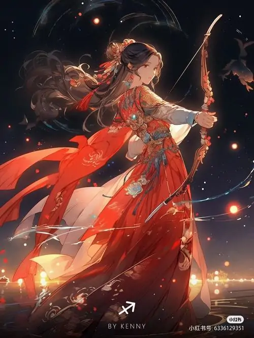 29 Khung anime cô gái Nhân Mã mặc đồ sáng màu, chòm sao Sagittarius phía sau làm hình thêm rõ dấu ấn riêng