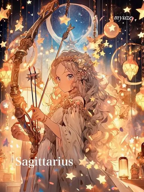 7 Hình anime cô gái Xạ Thủ xoay người về phía chòm sao, thần thái hoạt bát làm tổng thể vừa xinh vừa nổi bật