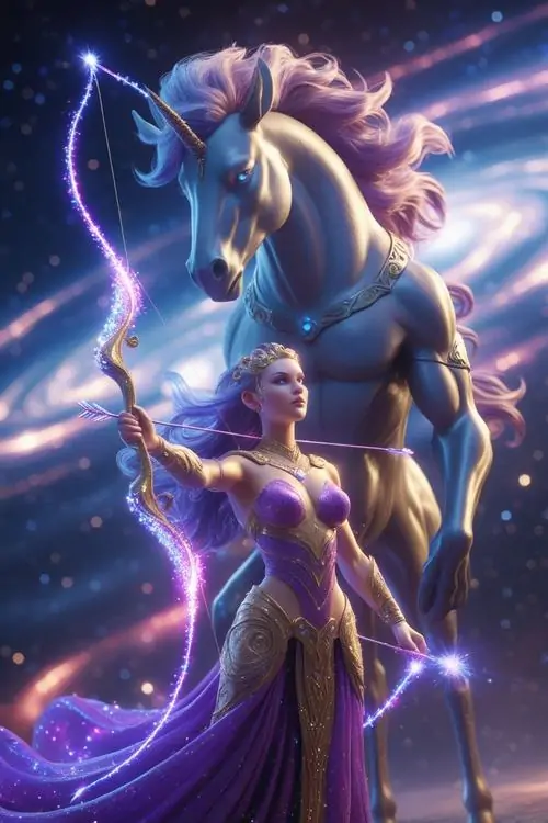 30 Hình anime Cung Thủ nữ cầm cung trước ngực, nền sao tím đậm giúp tổng thể vừa mộng mơ vừa cá tính