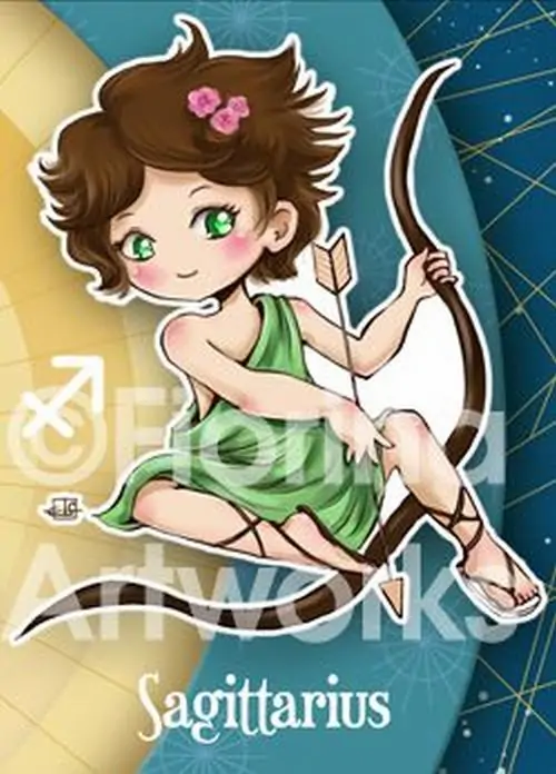 32 Ảnh chibi Sagittarius nữ cầm mũi tên vàng, tóc bồng nhẹ và nền lấp lánh khiến khung hình trông rất vui mắt