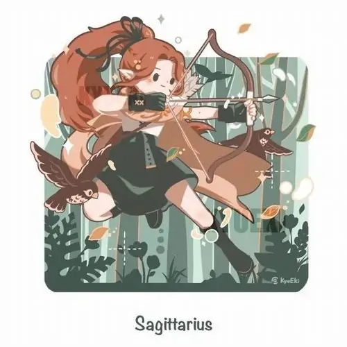 35 Ảnh chibi Nhân Mã nữ giơ tay chạm sao nhỏ, dáng ngồi mềm và nụ cười nhẹ làm hình rất dễ gần