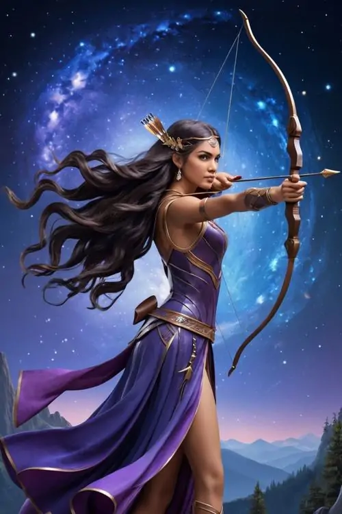 36 Ảnh chibi Sagittarius nữ với mái tóc buộc cao, biểu cảm lanh lợi và nền đêm sâu làm ảnh cực kỳ thu hút